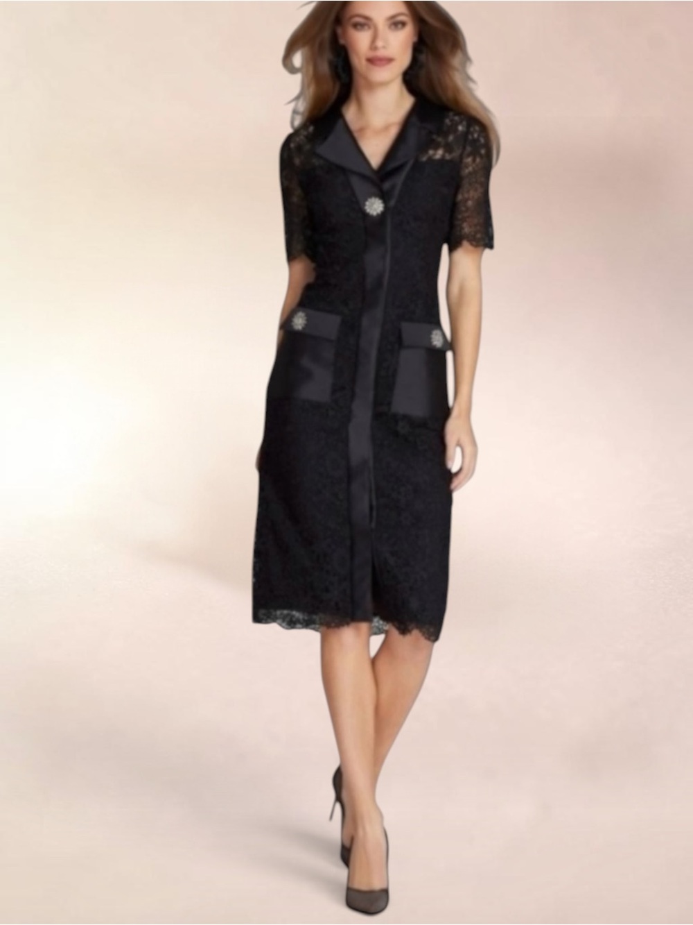 TERI JON by RICKI FREEMAN Lace Short-Sleeve Cocktail Midi-Dress